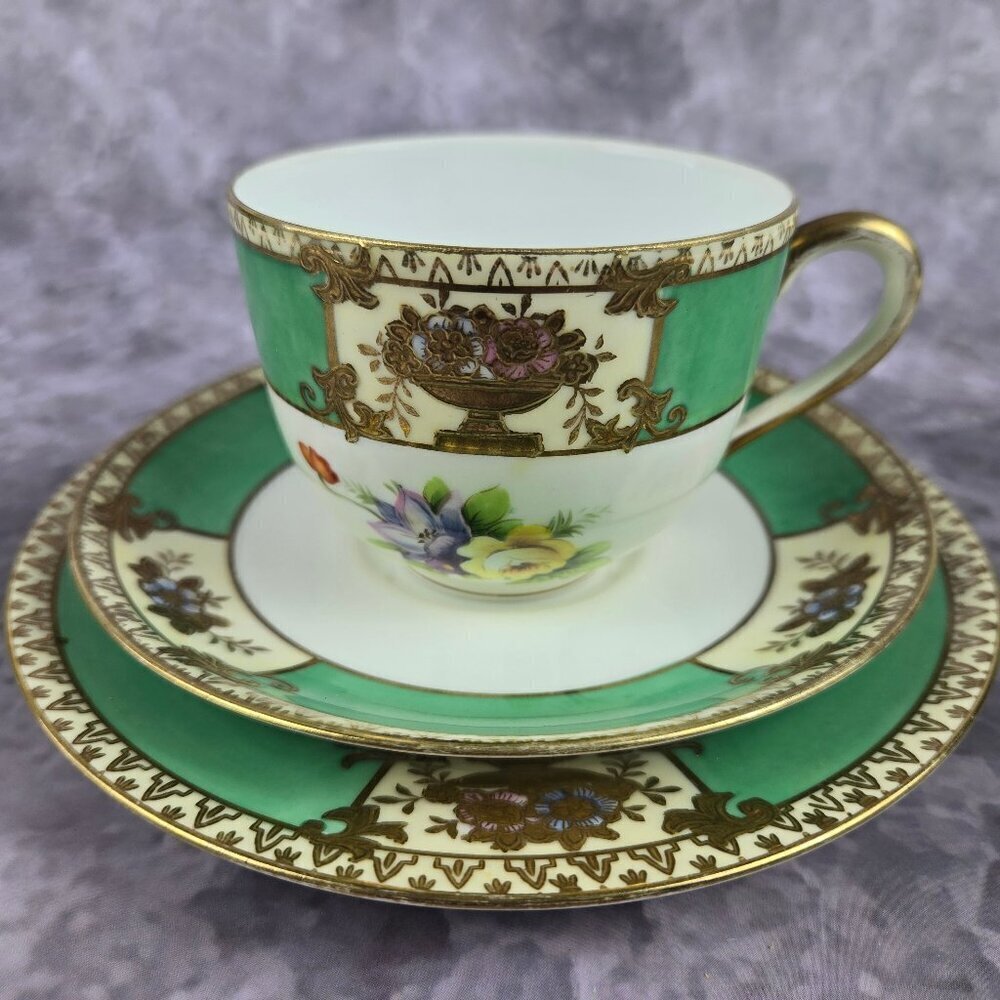 Vintage Noritake Japan 3 Piece Set Cup Saucer Bread Plate Green White Floral